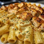 Cheddar Garlic Chicken Rigatoni in Parmesan Sauce