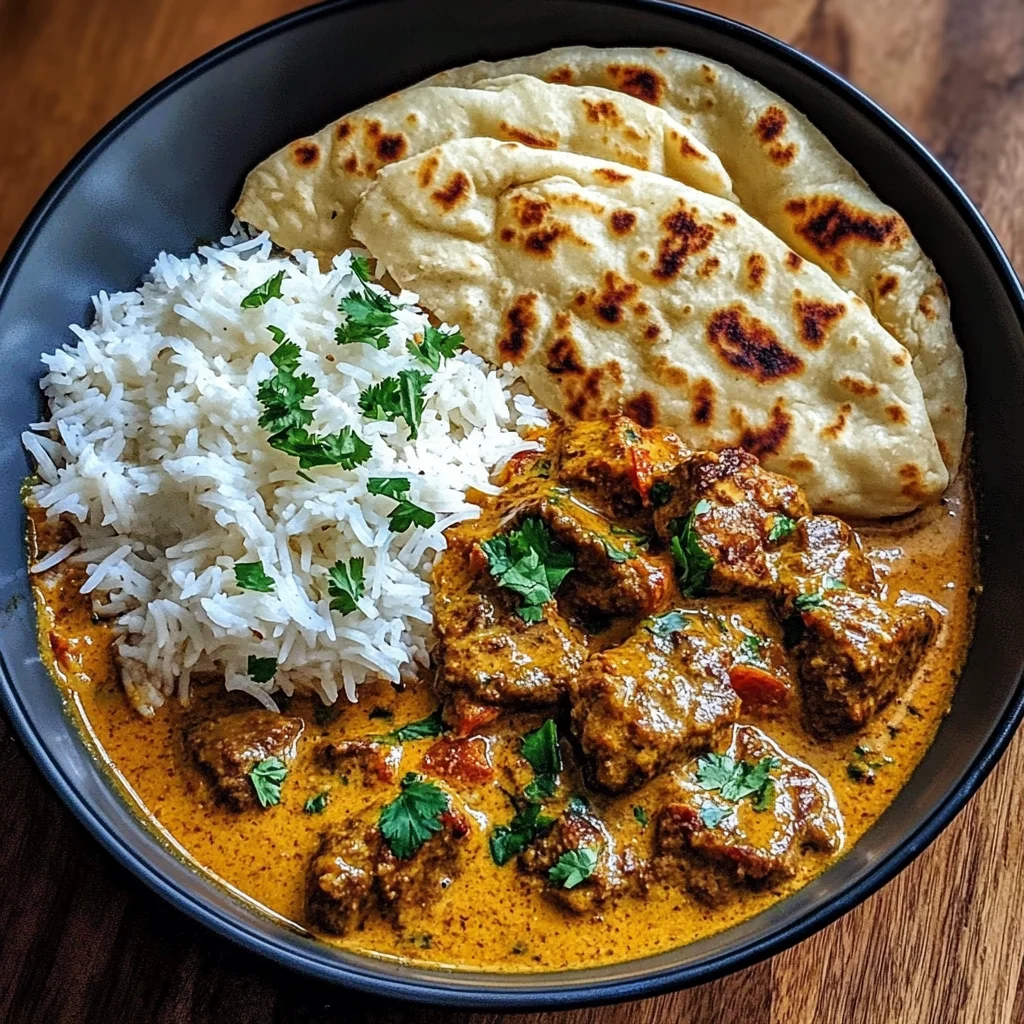Coconut-Curry Braised Beef with Jasmine Rice & Garlic Naan