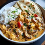 Creamy Chicken Curry with Golden Mushrooms, Rice & Warm Naan
