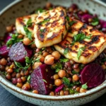Halloumi with Lemony Lentils, Chickpeas and Beets